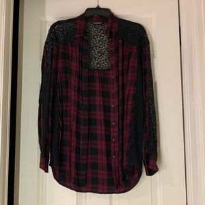 Long Sleeve Black and Red Square Print Shirt - Express